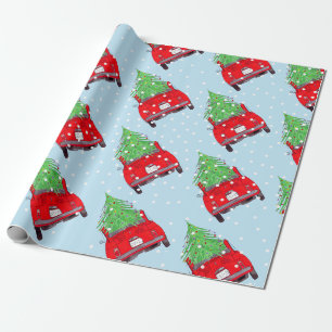 Papier Cadeau Fiat rouge 500 avec arbre de Noël Aquarelle