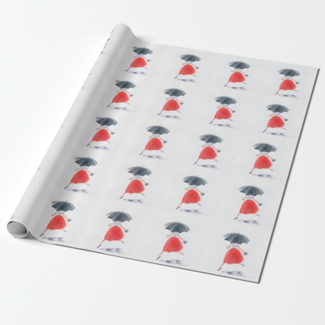 Papier Cadeau Fille à la mode : Illustration de pluie parapluie (Déroulé)