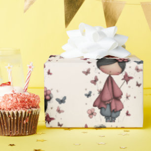 Papier Cadeau Fille avec baguette magique et motif de papillons