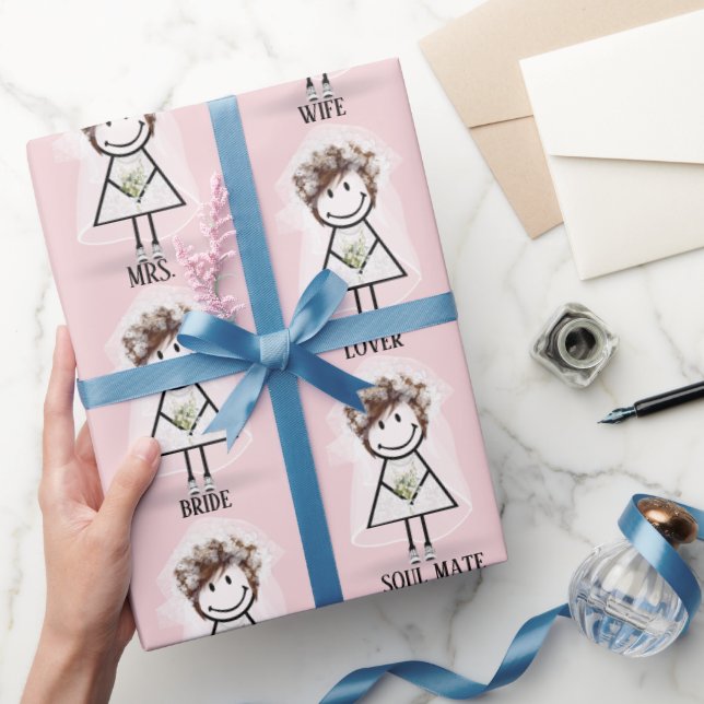 Papier Cadeau Fille Bâton Mariée en Baskets sur Fond Rose (Cadeaux)