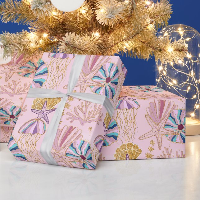 Papier Cadeau Fille Bébé rose sous la brise marine (Vacances)