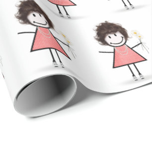 Papier Cadeau Fille bonhomme allumette en baskets sur fond blanc