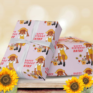 Papier Cadeau Fille de jardinage avec Joyeux Anniversaire Tourne