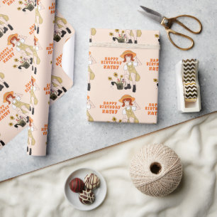 Papier Cadeau Fille de jardinage avec Tournesols Joyeux Annivers