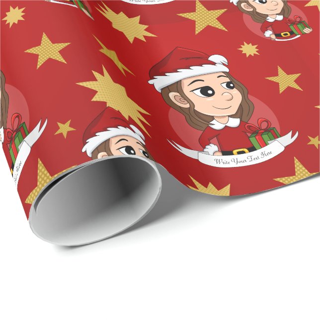 Papier Cadeau Fille de Noël aux cheveux bruns ondulés (Coin rond)