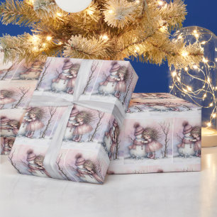 Papier Cadeau Fille de Noël étreignant un bonhomme de neige