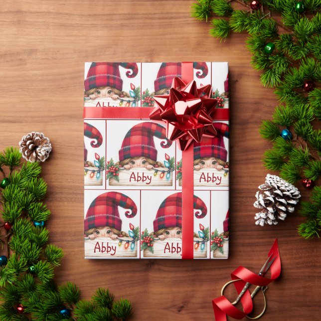 Papier Cadeau Fille de Noël Gnome Avec Nom Personnalisé (Cadeau de vacances)