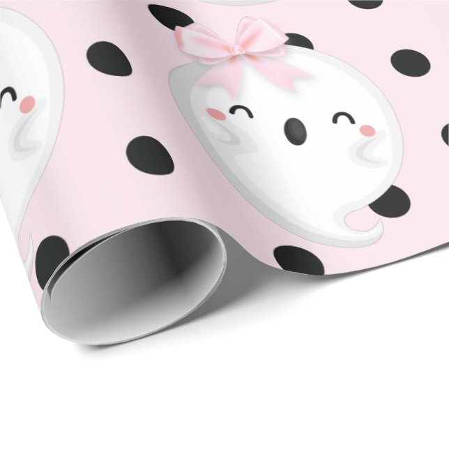 Papier Cadeau Fille d'Halloween Anniversaire Pink Black Polka po (Coin rond)