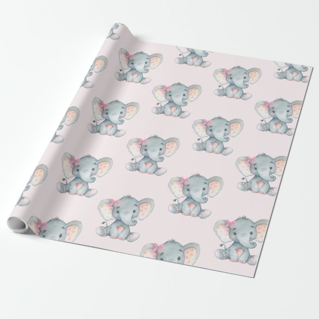 Papier Cadeau Fille Eléphant Rose Bébé Fille Douche 1er Annivers (Déroulé)