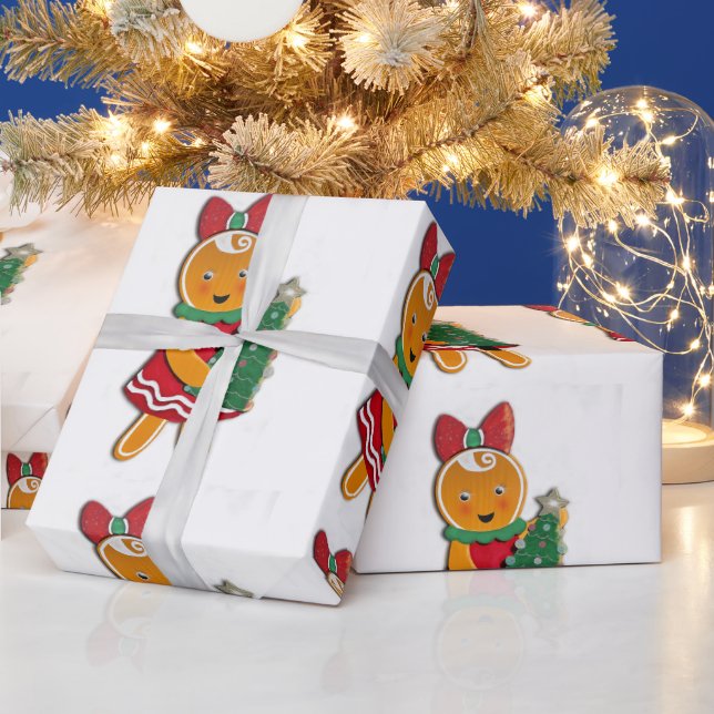 Papier Cadeau Fille en pain d'épices avec arbre de Noël (Vacances)