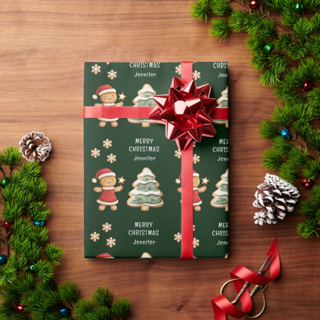 Papier Cadeau Fille en pain d'épices de Noël Vert Personnalisé (Cadeau de vacances)