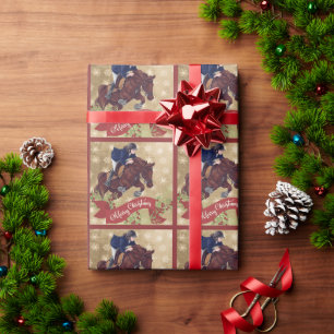 Papier Cadeau Fille et Cheval Joyeux Noël Golden