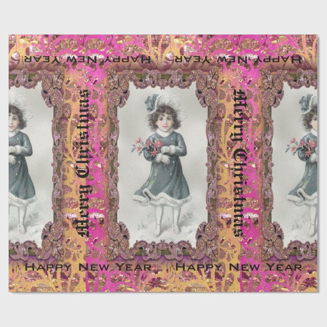 Papier Cadeau Fille heureuse IV victorien de neige (Plat)