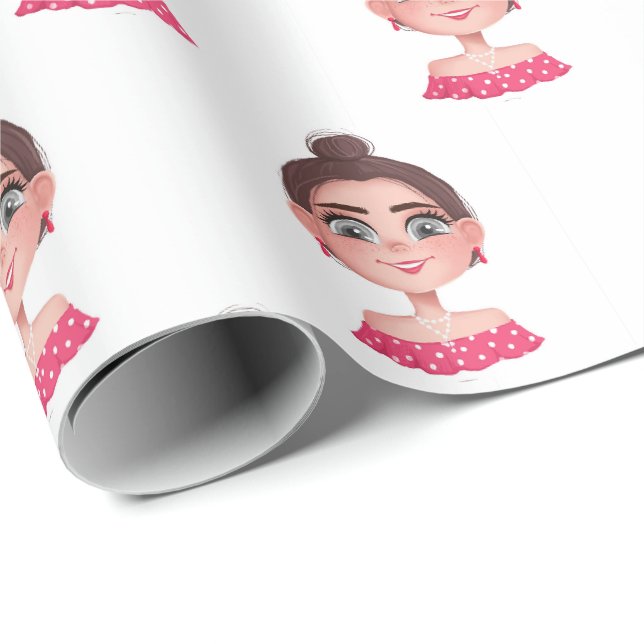 Papier Cadeau Fille mignonne aux yeux grands (Coin rond)