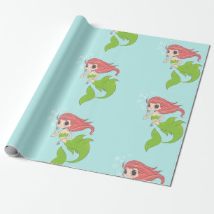 Papier Cadeau Fille mignonne de sirène en bleu avec bulles
