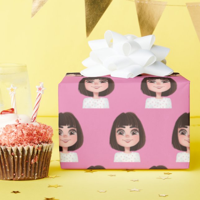 Papier Cadeau Fille mignonne en rose (Fête d'anniversaire)