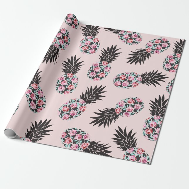 Papier Cadeau Fille mignonne Floral rose Motif d'ananas noir (Déroulé)