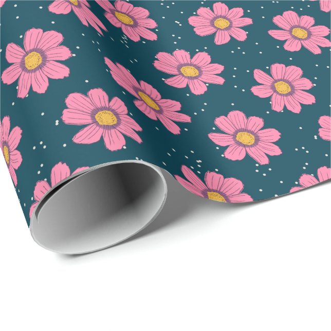Papier Cadeau Fille mignonne Moderne Bleu Rose Fleurs Florales (Coin rond)