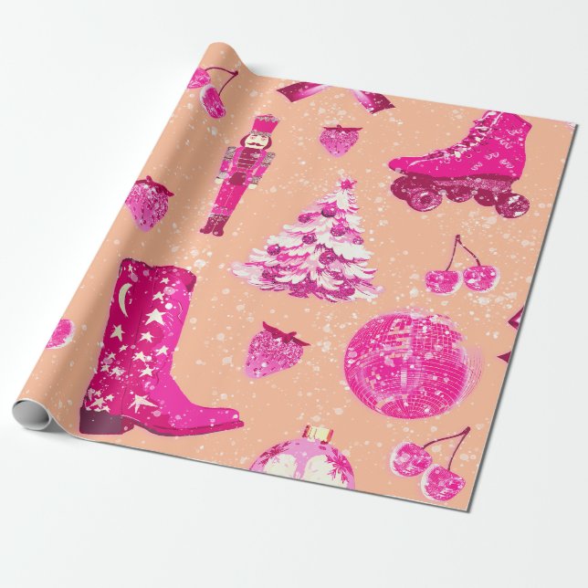 Papier Cadeau Fille mignonne Preppy Peach Pink Noël (Déroulé)