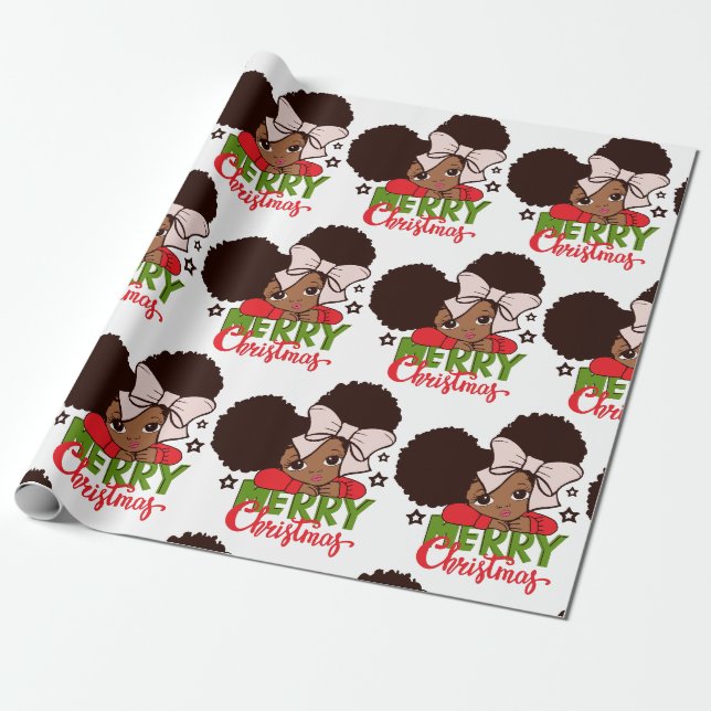 Papier Cadeau Fille noire de Noël Afro Papier à envelopper (Déroulé)