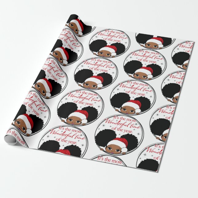 Papier Cadeau Fille noire de Noël Afro Papier à envelopper (Déroulé)