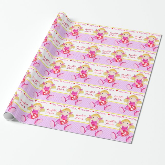 Papier Cadeau Fille nom chiffon poupée 2ème anniversaire (Déroulé)