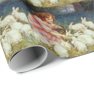 Papier Cadeau Fille nourrissant des lapins