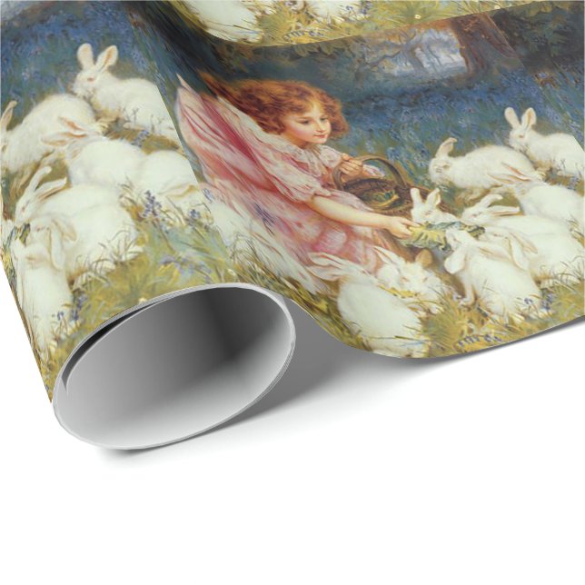 Papier Cadeau Fille nourrissant des lapins (Coin rond)