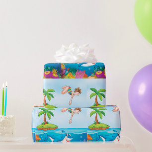 Papier Cadeau Fille plongeant dans l'océan avec un requin ami su
