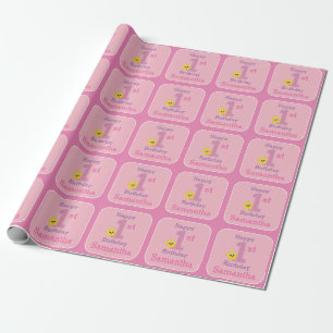 Papier Cadeau Fille pour premier anniversaire, Étoile jaune rose