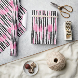 Papier Cadeau Fille rose blanc noir Zèbre rayures