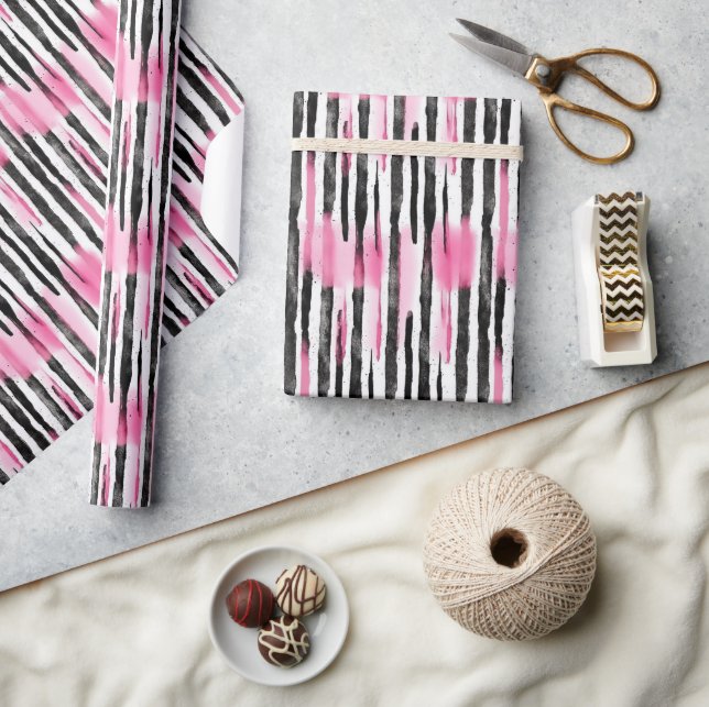 Papier Cadeau Fille rose blanc noir Zèbre rayures (Artisanat)