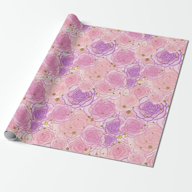 Papier Cadeau Fille rose Chic Rose Parties scintillant Floral (Déroulé)