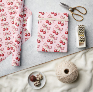 Papier Cadeau Fille rose Coquette rouge cerise