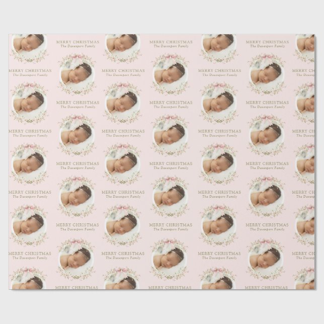 Papier Cadeau Fille rose florale Coquette Bow Photo Noël (Plat)