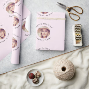 Papier Cadeau Fille rose photo anniversaire