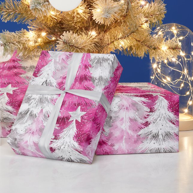 Papier Cadeau Fille rose Silver Glam Arbres de Noël Stripes (Vacances)