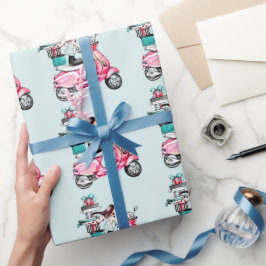 Papier Cadeau Fille sur scooter transportant Présents