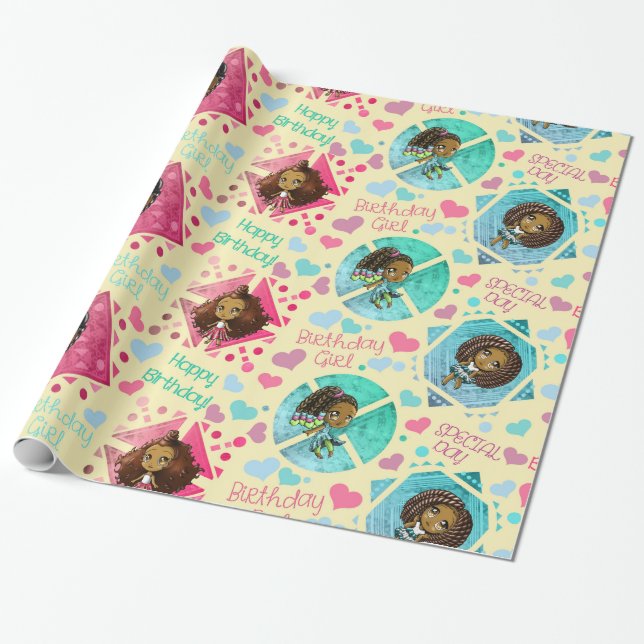 Papier Cadeau Filles afro-américaines aux coeurs Anniversaire (Déroulé)