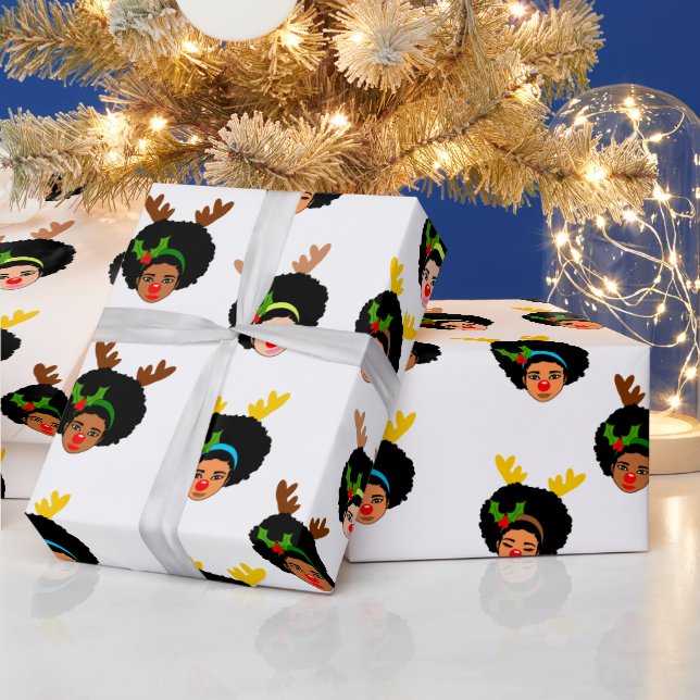 Papier Cadeau Filles Afro Père Noël Reindeer Noël Noise rouge (Vacances)