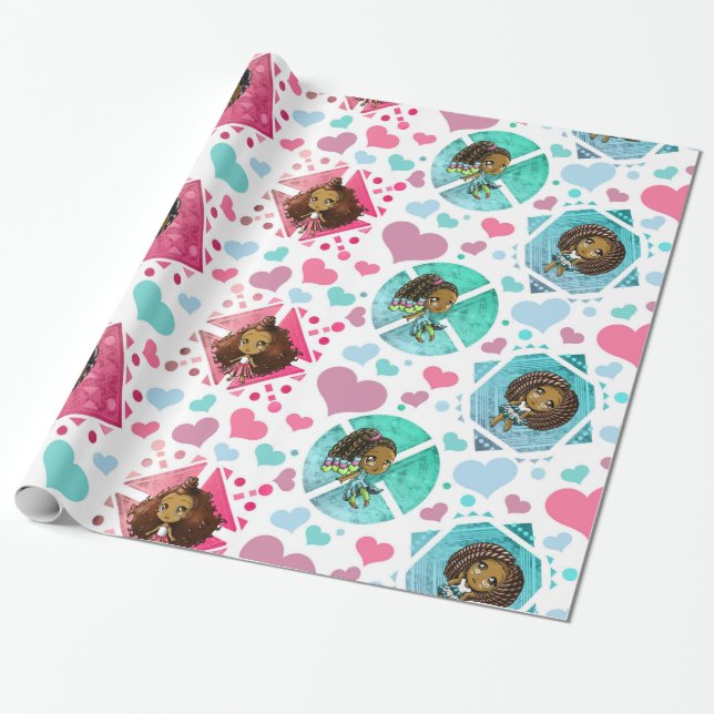 Papier Cadeau Filles Chibi afro-américaines enveloppant du papie (Déroulé)