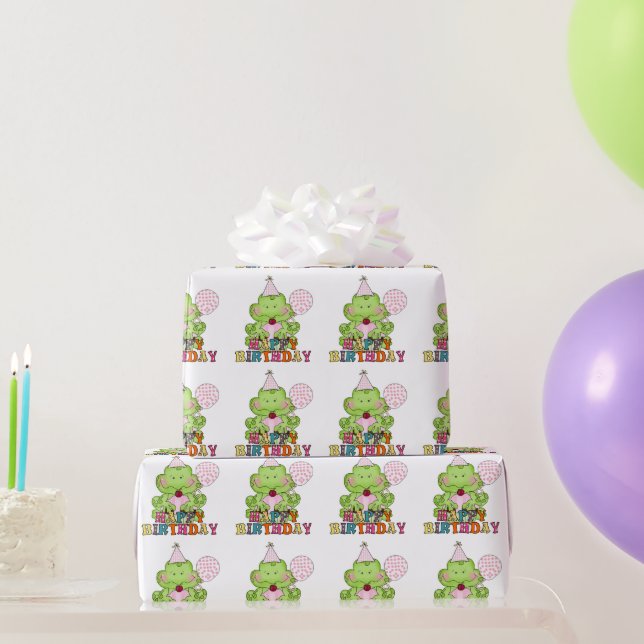 Papier Cadeau Filles Grenouille d'anniversaire avec ballons enve (Cadeaux de fête)