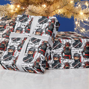 Papier Cadeau Filles Ninja Anime avec motif de texte Design