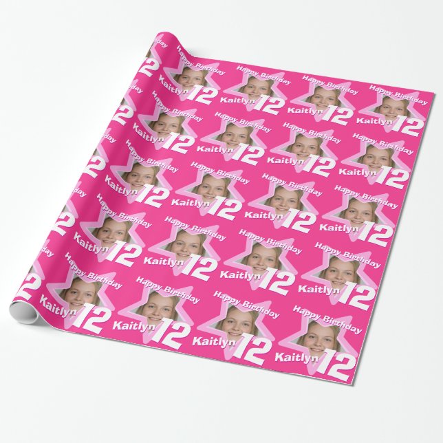 Papier Cadeau Filles nom 12e anniversaire ajouter votre photo ét (Déroulé)