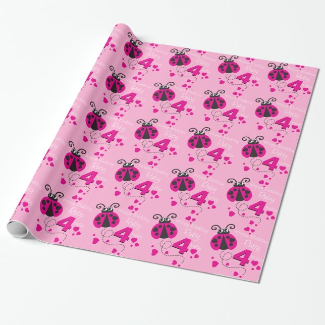 Papier Cadeau Filles nom âge coccinelle anniversaire d'anniversa (Déroulé)