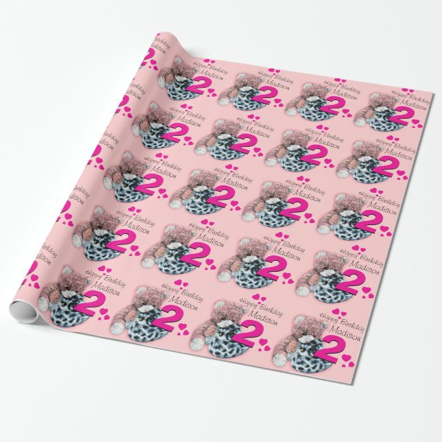 Papier Cadeau Filles nom âge jouets doux anniversaire modèle env (Déroulé)
