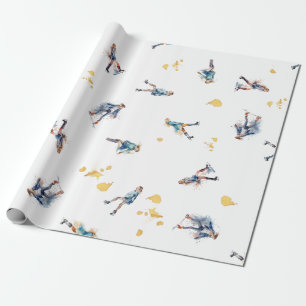Papier Cadeau Filles Patinage sur glace, Hockey Motif d'or bleu