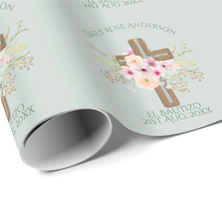 Papier Cadeau Filles Pink floral BAUTIZO Baptism Bautismo Nommé