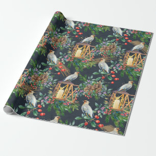 Papier Cadeau Finlandais d'oiseaux, verdure de Noël, baies roug