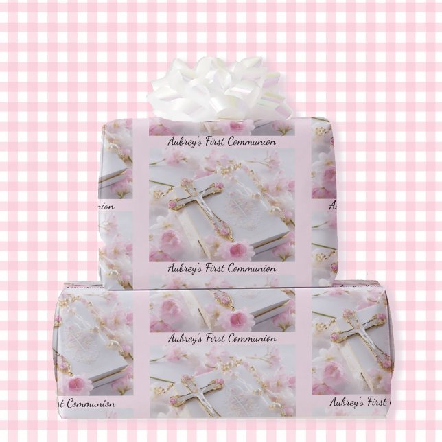 Papier Cadeau First Communion Pink Girl's Add Name (Créateur téléchargé)